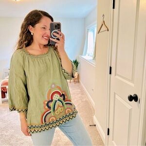 John Mark Green Embroidered Linen Blouse Large